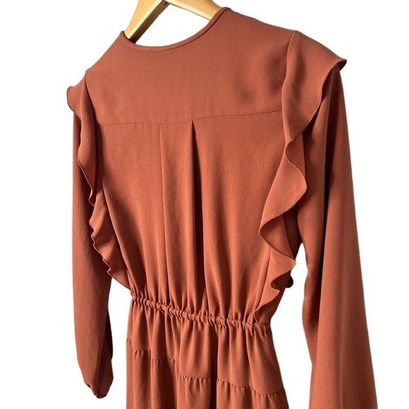 Wilfred Long Sleeve Ruffle Mini Dress Rust Brown Size XS Fall Boho Cinched Waist - Picture 4 of 8